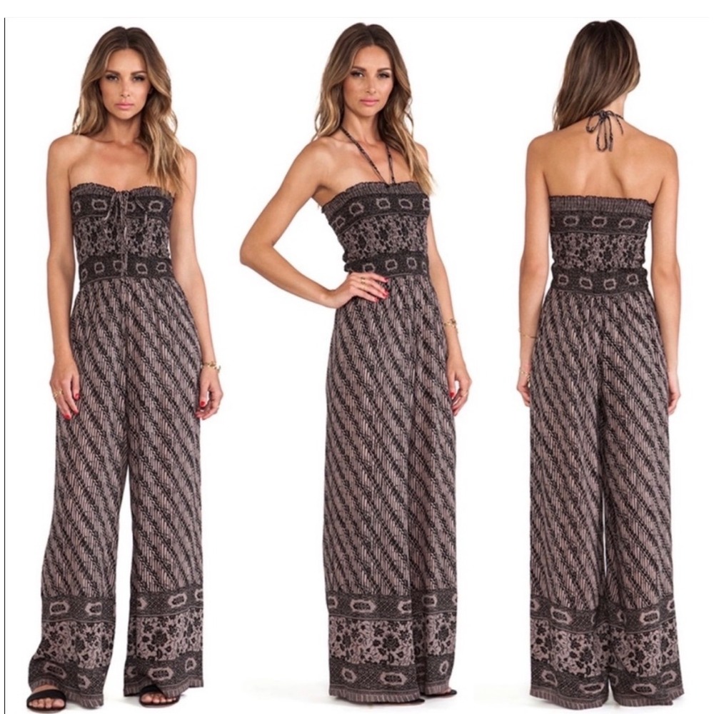Free People Mauve Black Batik Floral Smocked Wide Leg Jumpsuit Small *Repaired